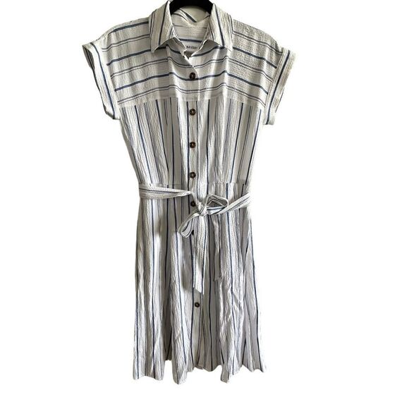Calvin Klein ~ White with blue stripes belted dress ~ capped sleeves ~ size 2 - Picture 1 of 9